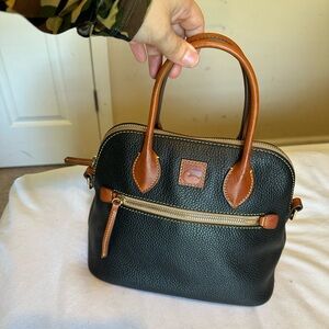 Dooney & Bourke Black Pebbled Leather Satchel with Tan Trim
